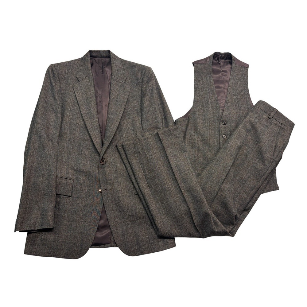 vtg 70s Brown 3pc Pant Suit 36R 38R 30x32 Vest Flare Leg Wool Flat Front Retro